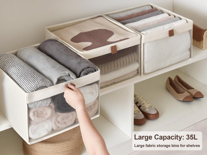 سورتيج وركس صناديق تخزين للخزانة من ستورج وركس بنافذة شفافة ومقبضين، سلال تخزين قابلة للطي للرفوف، منظم قماش كبير جدًا، بيج، عبوة من 3 قطع - Image 2